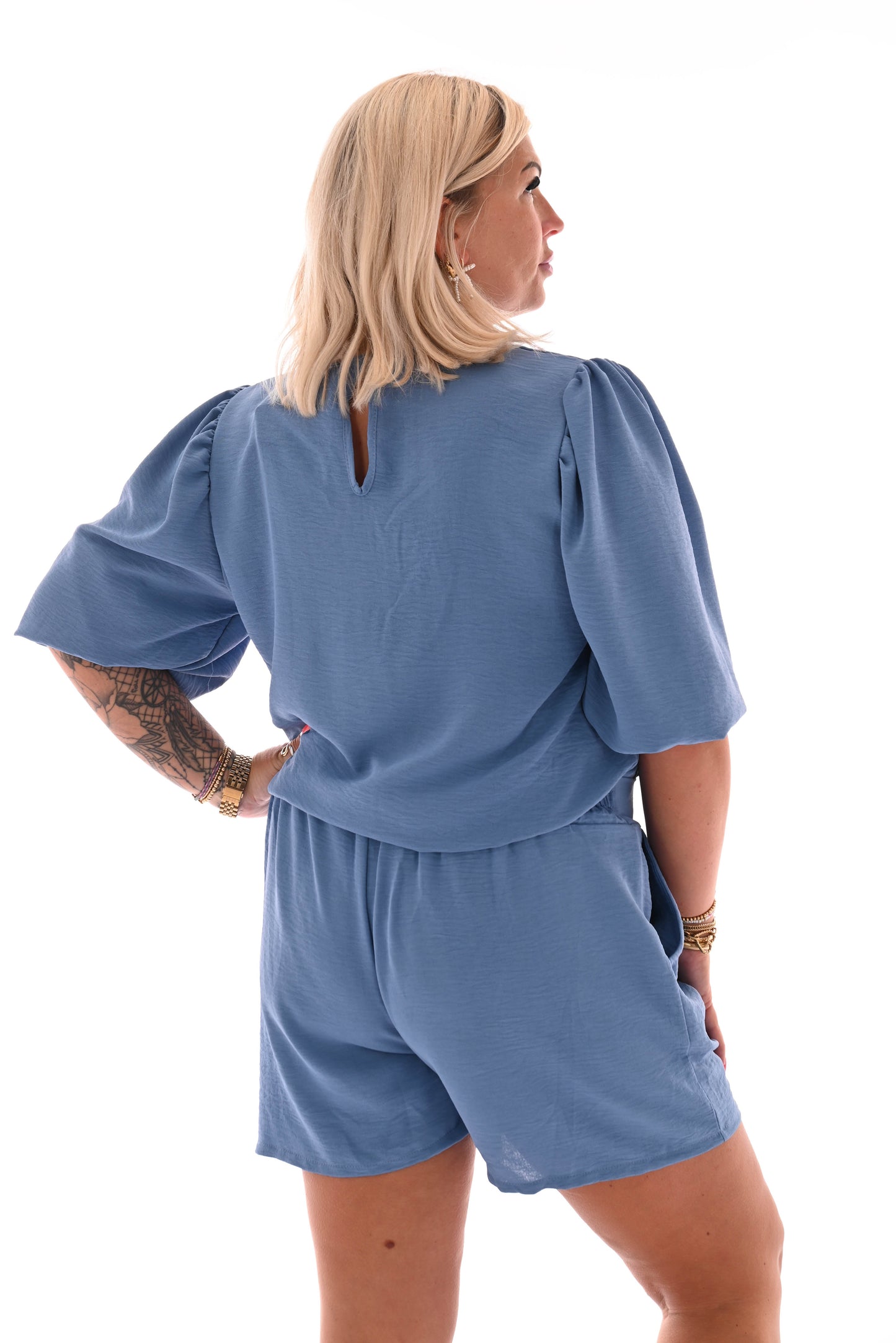 Tvådelat set med shorts & puffärmar | Jeansblå