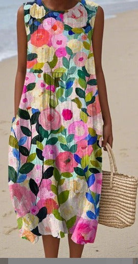 Vintage blommönster ärmlös klänning med ficka och V-hals för damer