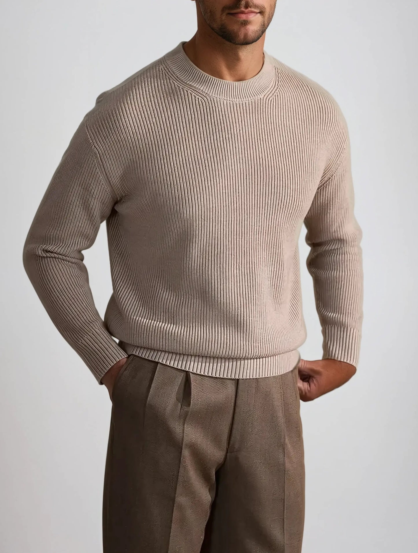 Ribbad O-ringad Tröja Beige
