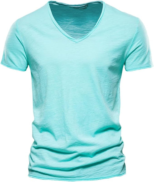 2025 Herrmode casual enfärgad bomull V-ringad kortärmad T-shirt topp toppar korta ärmar